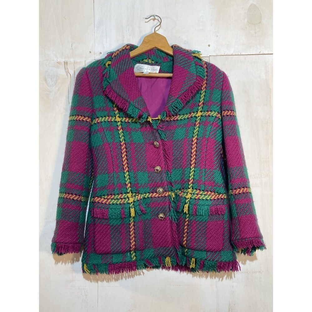 Oscar de la Renta '91 Runway Pink Tartan Fringe Jacket Sz 10 Vintage Designer